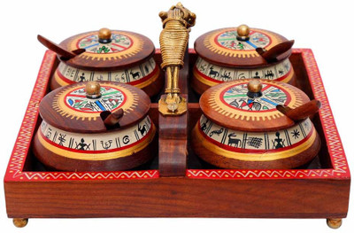 

Indikala Tray with Masai Woman Handle and Set of 4 Wooden Bowls with Spoons Bowl Tray Serving Set(Pack of 9)