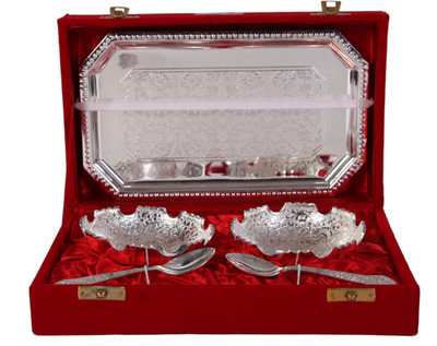 

JT International German Silver Bowl Tray Serving Set(Pack of 5)