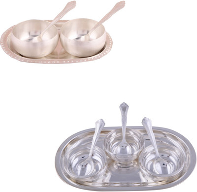 

G S Museum 3.5" Met Finish 2 Bowl Set with Oval Tray and 3 Manchurian Bowl Set with Oval Tray Bowl Spoon Tray Serving Set