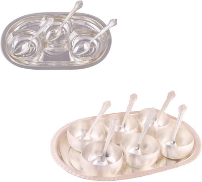 

G S Museum 3 Square Bowl with Spoon and Tray and 3.5" Met 6 Finish Bowl Set with Oval Tray Bowl Spoon Tray Serving Set