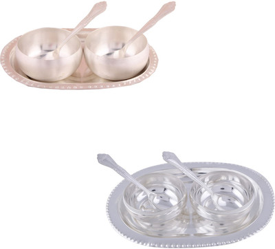 

G S Museum 3.5" Met Finish 2 Bowl Set with Oval Tray and 2 Manchurian Bowl Set with Oval Tray Bowl Spoon Tray Serving Set