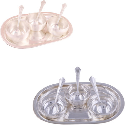 

G S Museum 3.5" Met Finish 3 Bowl Set with Oval Tray and 3 Manchurian Bowl Set with Oval Tray Bowl Spoon Tray Serving Set