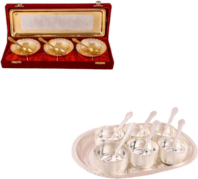 

G S Museum Silver & Gold Plated 3 Heavy Dil Bowl with Spoon and Tray and Premium 6 Bowl Set with Oval Tray Bowl Spoon Tray Serving Set(Pack of 14)