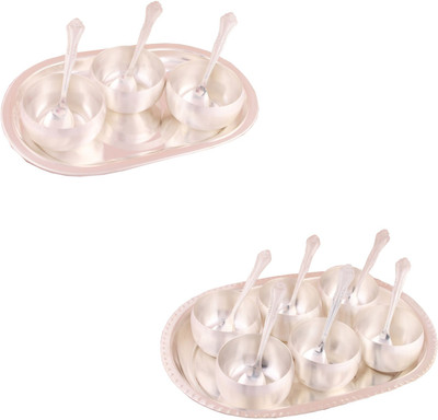 

G S Museum 3.5" Met Finish 3 Bowl Set with Oval Tray and 3.5" Met 6 Finish Bowl Set with Oval Tray Bowl Spoon Tray Serving Set