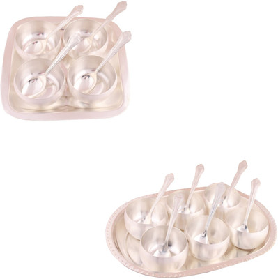 

G S Museum 3.5" Met Finish 4 Bowl Set with Rectangle Tray and 3.5" Met 6 Finish Bowl Set with Oval Tray Bowl Spoon Tray Serving Set