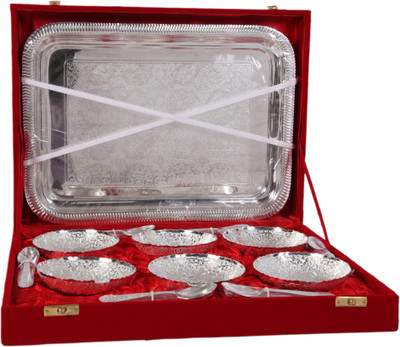 

JT International German Silver Bowl Tray Serving Set(Pack of 13)