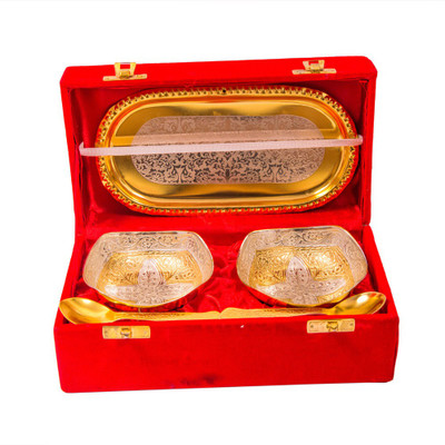 

Indian Craft Villa Handmade Decorative Unique Gifts Silver And Gold Plated Bowl Set For Complete Utility Product For your Home with Gift Box Packing Bowl Spoon Tray Serving Set(Pack of 5)