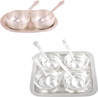 

G S Museum 3.5" Met Finish 2 Bowl Set with Oval Tray and 4 Manchurian Bowl Set with Oval Tray Bowl Spoon Tray Serving Set