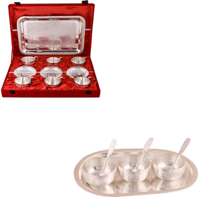 

G S Museum 6 Cup Plate Set with Tray and 3" Met Finish 3 Bowl Set with Oval Tray Bowl Spoon Tray Serving Set(Pack of 20)