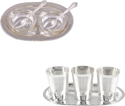 G S Museum 2 Square Bowl with Spoon and Tray and 3 Square Met Finish Glass Set with Oval Tray Bowl Spoon Tray Serving Set