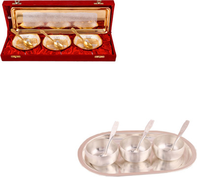 

G S Museum Silver & Gold Plated 3 Heavy Square Bowl with Spoon and Tray and 3" Met Finish 3 Bowl Set with Oval Tray Bowl Spoon Tray Serving Set(Pack of 14)