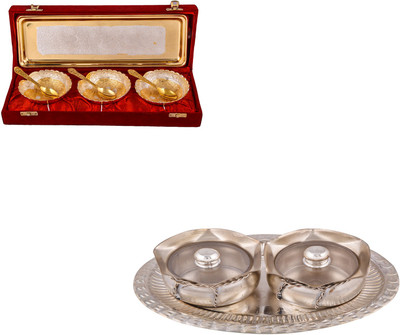 

G S Museum Silver & Gold Plated 3 Heavy Dil Bowl with Spoon and Tray and 2 Small Tai Loti Set Bowl Spoon Tray Serving Set(Pack of 10)