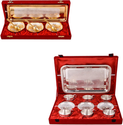 

G S Museum Silver & Gold Plated 3 Heavy Square Bowl with Spoon and Tray and 6 Cup Plate Set with Tray Bowl Spoon Tray Serving Set(Pack of 20)