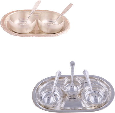 

G S Museum 3" Met Finish 2 Bowl Set with Oval Tray and 3 Manchurian Bowl Set with Oval Tray Bowl Spoon Tray Serving Set