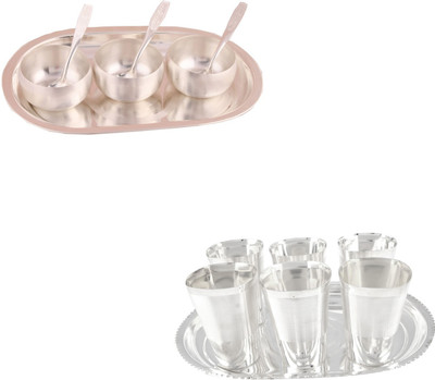 G S Museum 3" Met Finish 3 Bowl Set with Oval Tray and 6 Square Met Finish Glass Set with Oval Tray Bowl Spoon Tray Serving Set