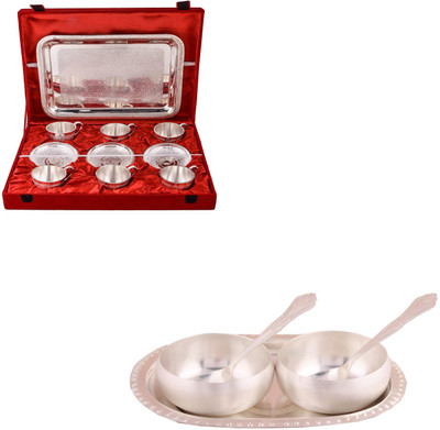

G S Museum 6 Cup Plate Set with Tray and 3.5" Met Finish 2 Bowl Set with Oval Tray Bowl Spoon Tray Serving Set(Pack of 18)