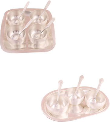 

G S Museum 3" Met Finish 4 Bowl Set with Rectangle Tray and 3.5" Met Finish 3 Bowl Set with Oval Tray Bowl Spoon Tray Serving Set