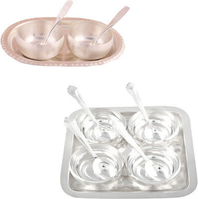 

G S Museum 3" Met Finish 2 Bowl Set with Oval Tray and 4 Manchurian Bowl Set with Oval Tray Bowl Spoon Tray Serving Set