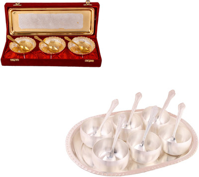 

G S Museum Silver & Gold Plated 3 Heavy Dil Bowl with Spoon and Tray and 3.5" Met 6 Finish Bowl Set with Oval Tray Bowl Spoon Tray Serving Set(Pack of 14)