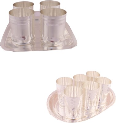 

G S Museum 4 Premium Double Patta Glass Set with Rectangle Tray and 6 Premium Doted Glass Set with Oval Tray Glass Tray Serving Set