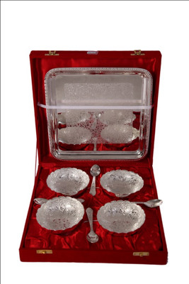 

JT International German Silver Bowl Tray Serving Set(Pack of 9)