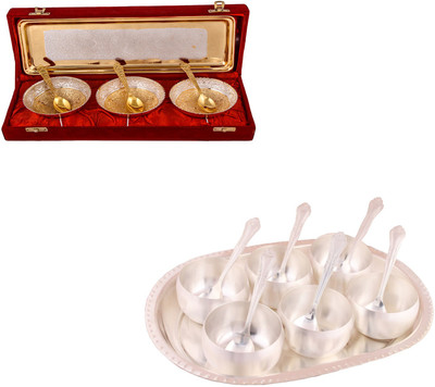 

G S Museum Silver & Gold Plated 3 Heavy Flower Bowl with Spoon and Tray and 3.5" Met 6 Finish Bowl Set with Oval Tray Bowl Spoon Tray Serving Set(Pack of 14)