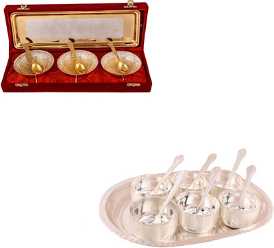 

G S Museum Silver & Gold Plated 3 Heavy Flower Bowl with Spoon and Tray and Premium 6 Bowl Set with Oval Tray Bowl Spoon Tray Serving Set(Pack of 14)