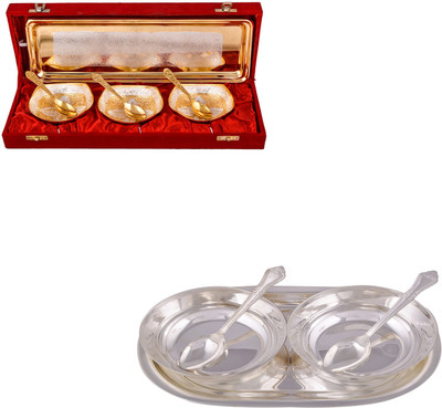 

G S Museum Silver & Gold Plated 3 Heavy Square Bowl with Spoon and Tray and 2 5" Bowl with Spoon and Tray Bowl Spoon Tray Serving Set(Pack of 12)