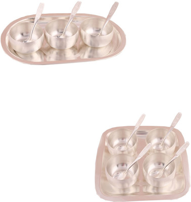 

G S Museum 3" Met Finish 3 Bowl Set with Oval Tray and 3" Met Finish 4 Bowl Set with Rectangle Tray Bowl Spoon Tray Serving Set