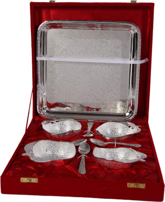 

JT International German Silver Bowl Tray Serving Set(Pack of 9)