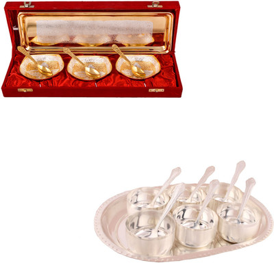 

G S Museum Silver & Gold Plated 3 Heavy Square Bowl with Spoon and Tray and Premium 6 Bowl Set with Oval Tray Bowl Spoon Tray Serving Set(Pack of 14)