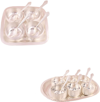 

G S Museum 3.5" Met Finish 4 Bowl Set with Rectangle Tray and Premium 6 Bowl Set with Oval Tray Bowl Spoon Tray Serving Set