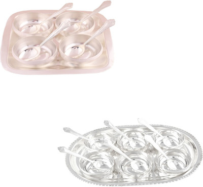 

G S Museum 3.5" Met Finish 4 Bowl Set with Rectangle Tray and 6 Manchurian Bowl Set with Oval Tray Bowl Spoon Tray Serving Set