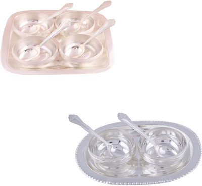 

G S Museum 3.5" Met Finish 4 Bowl Set with Rectangle Tray and 2 Manchurian Bowl Set with Oval Tray Bowl Spoon Tray Serving Set