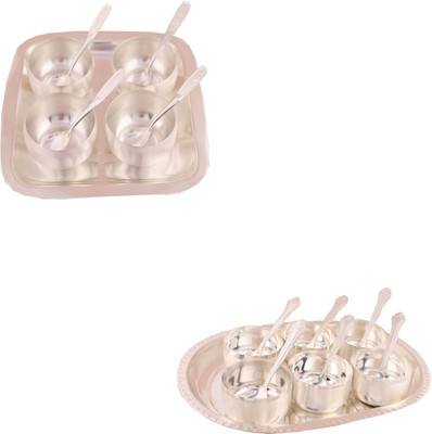 

G S Museum 3" Met Finish 4 Bowl Set with Rectangle Tray and Premium 6 Bowl Set with Oval Tray Bowl Spoon Tray Serving Set