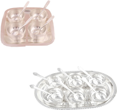 

G S Museum 3" Met Finish 4 Bowl Set with Rectangle Tray and 6 Manchurian Bowl Set with Oval Tray Bowl Spoon Tray Serving Set