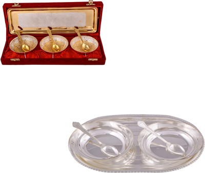 

G S Museum Silver & Gold Plated 3 Heavy Flower Bowl with Spoon and Tray and 2 6" Bowl with Spoon and Tray Bowl Spoon Tray Serving Set(Pack of 12)