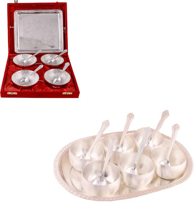 

G S Museum 4 Flower Bowl with Spoon and Tray and 3.5" Met 6 Finish Bowl Set with Oval Tray Bowl Spoon Tray Serving Set(Pack of 16)