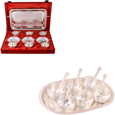 

G S Museum 6 Cup Plate Set with Tray and 3.5" Met 6 Finish Bowl Set with Oval Tray Bowl Spoon Tray Serving Set(Pack of 20)