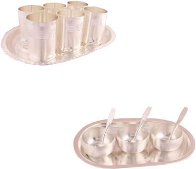 G S Museum 6 Premium Glass Set with Oval Tray and 3" Met Finish 3 Bowl Set with Oval Tray Bowl Spoon Tray Serving Set