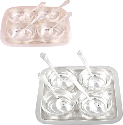 

G S Museum 3.5" Met Finish 4 Bowl Set with Rectangle Tray and 4 Manchurian Bowl Set with Oval Tray Bowl Spoon Tray Serving Set