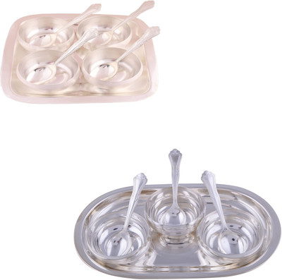 

G S Museum 3.5" Met Finish 4 Bowl Set with Rectangle Tray and 3 Manchurian Bowl Set with Oval Tray Bowl Spoon Tray Serving Set