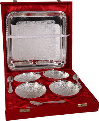 

JT International German Silver Bowl Tray Serving Set(Pack of 9)