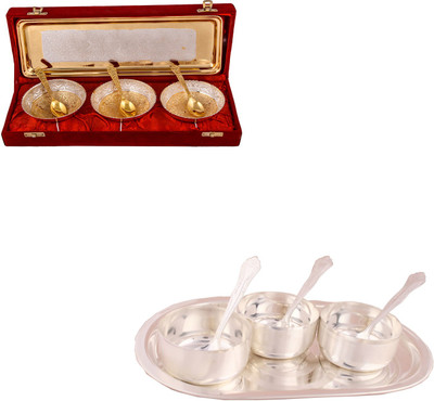 

G S Museum Silver & Gold Plated 3 Heavy Flower Bowl with Spoon and Tray and 3 Premium Bowl Set with Oval Tray Bowl Spoon Tray Serving Set(Pack of 14)