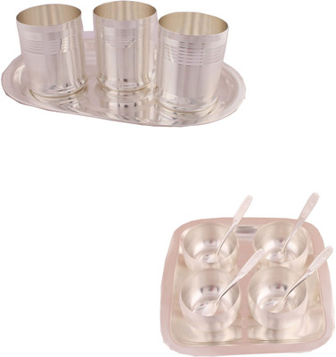 G S Museum 3 Premium Glass Set with Oval Tray and 3" Met Finish 4 Bowl Set with Rectangle Tray Bowl Spoon Tray Serving Set