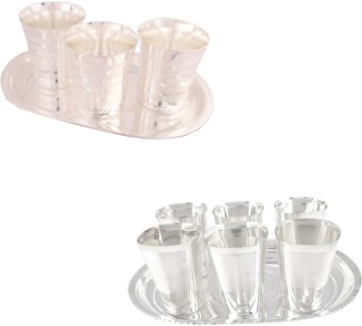 

G S Museum 3 Premium Patta Glass Set with Oval Tray and 6 Square Met Finish Glass Set with Oval Tray Bowl Spoon Tray Serving Set