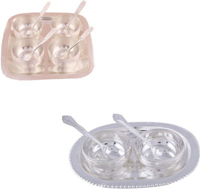 

G S Museum 3" Met Finish 4 Bowl Set with Rectangle Tray and 2 Manchurian Bowl Set with Oval Tray Bowl Spoon Tray Serving Set