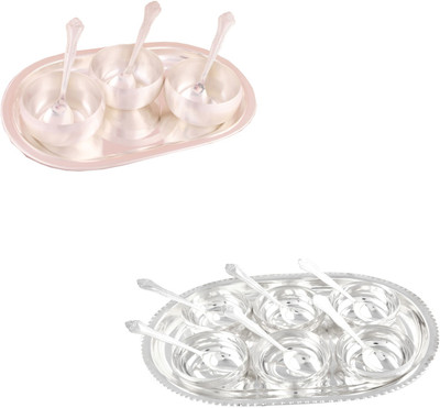 G S Museum 3.5" Met Finish 3 Bowl Set with Oval Tray and 6 Manchurian Bowl Set with Oval Tray Bowl Spoon Tray Serving Set