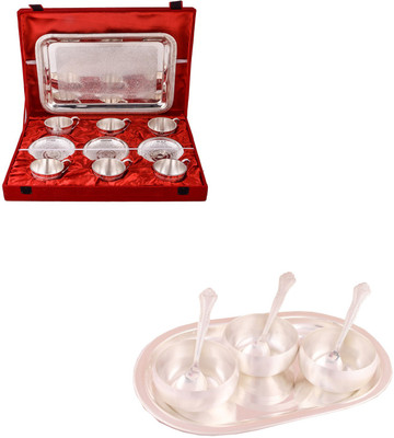 

G S Museum 6 Cup Plate Set with Tray and 3.5" Met Finish 3 Bowl Set with Oval Tray Bowl Spoon Tray Serving Set(Pack of 20)
