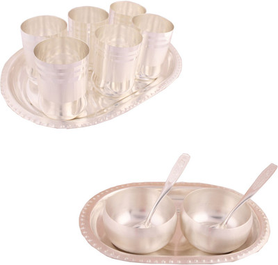G S Museum 6 Premium Double Patta Glass Set with Oval Tray and 3" Met Finish 2 Bowl Set with Oval Tray Bowl Spoon Tray Serving Set